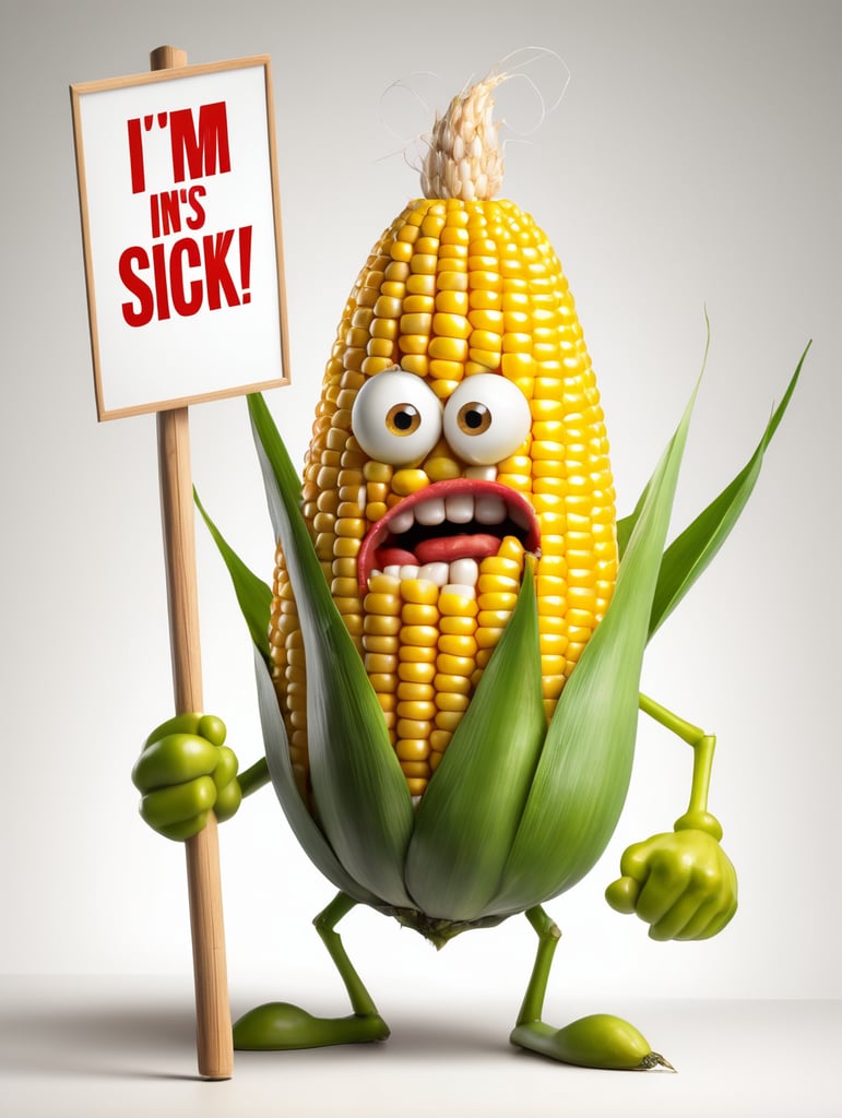 a realistic angry Genetically modified corn holding a sign "I'm sick!", WHITE background