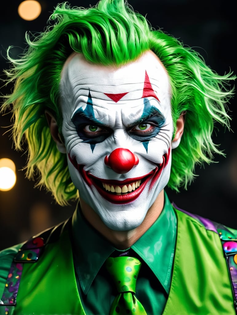 Créez un portrait surréaliste et très détaillé d'un personnage ressemblant au Joker, mais avec une touche d'originalité. Le personnage a un sourire sauvage et exagéré peint sur son visage avec un maquillage de clown vibrant, comprenant des lèvres rouges, de la peinture blanche pour le visage et des formes d'yeux audacieuses. Il est entouré d'une fumée verte fluo tourbillonnante qui se fond dans ses longs cheveux verts chaotiques. Le ton général doit être sombre, mais électrisant, avec un mélange d'esthétique de bande dessinée et d'art de rue moderne. L'éclairage doit créer des contrastes spectaculaires, avec des reflets brillants sur le visage et des ombres profondes, rendant le sourire encore plus sinistre. Gardez l'arrière-plan noir pour mettre en valeur les tons verts vibrants et les traits du visage saisissants du Joker. L'ambiance doit être rebelle, chaotique et légèrement inquiétante, capturant l'essence d'un méchant qui aime le chaos.