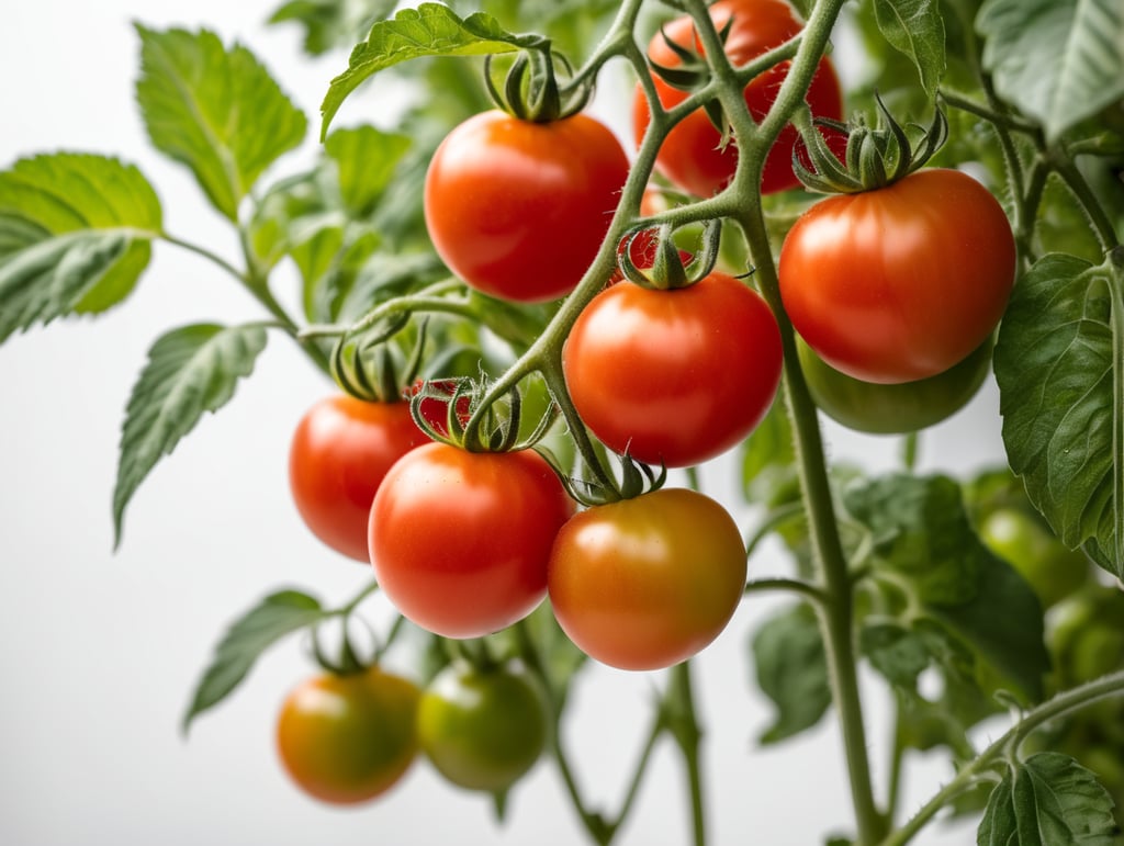 Planta de tomate en primer plano aislada sobre fondo blanco