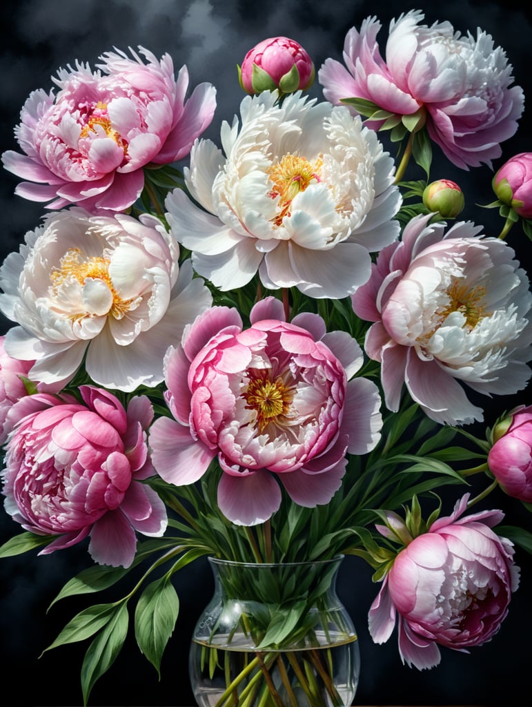 акварельный рисунок, букет пионов, легкость, воздушность. белый, розовый