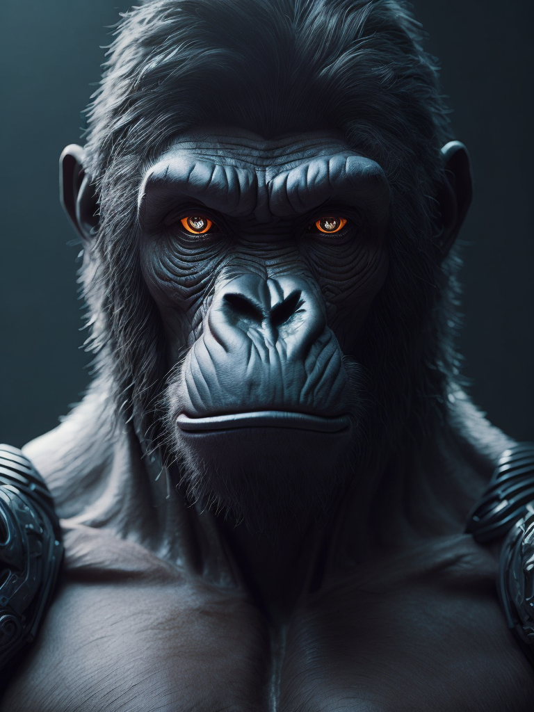 cybernetic gorilla, hyper-realistic, cyberpunk style, sharp on details,