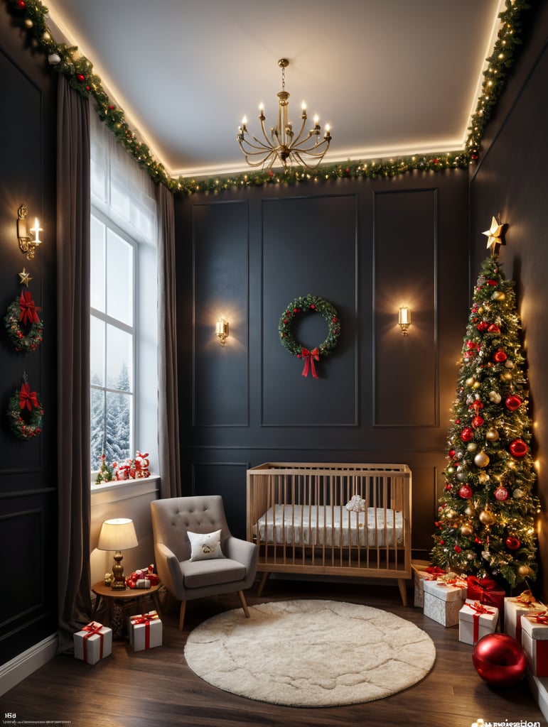 vertical frame wall mockup, nursery with christmas decorations, neutral colors and christmas lights