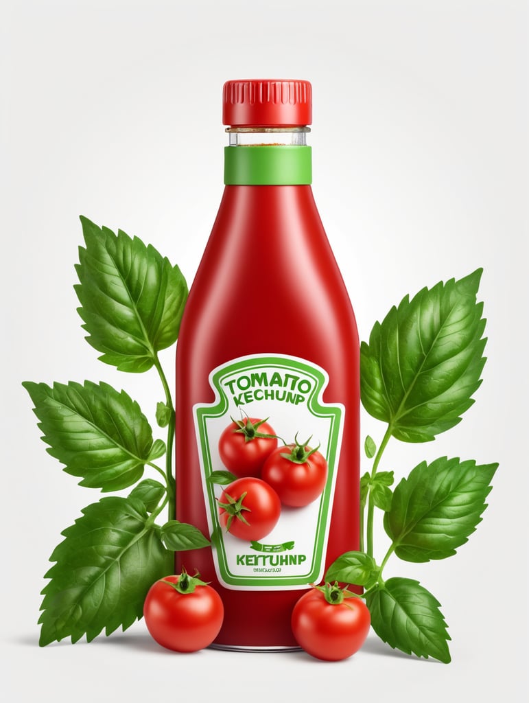 tomato ketchup bottle, red tomato with green leaves, isolated, white background