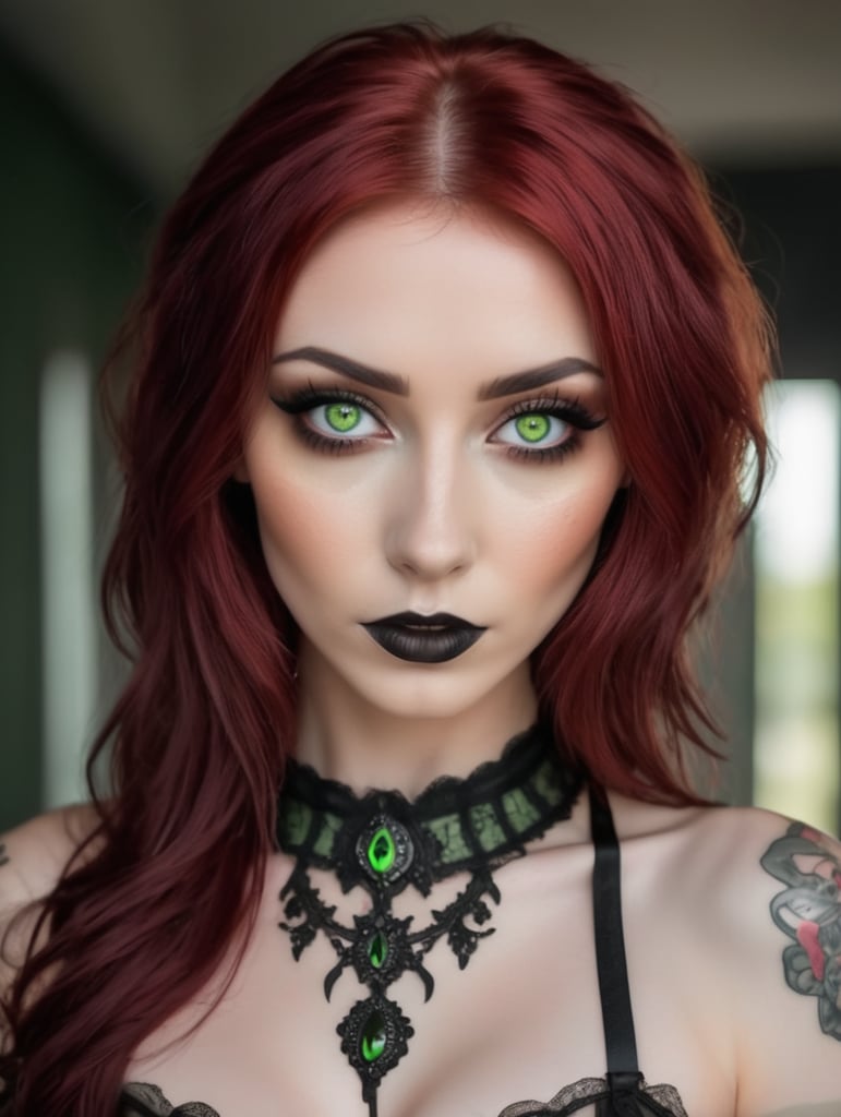 dark goth skinny petite chick in lingerie with blood red hair and green eyes