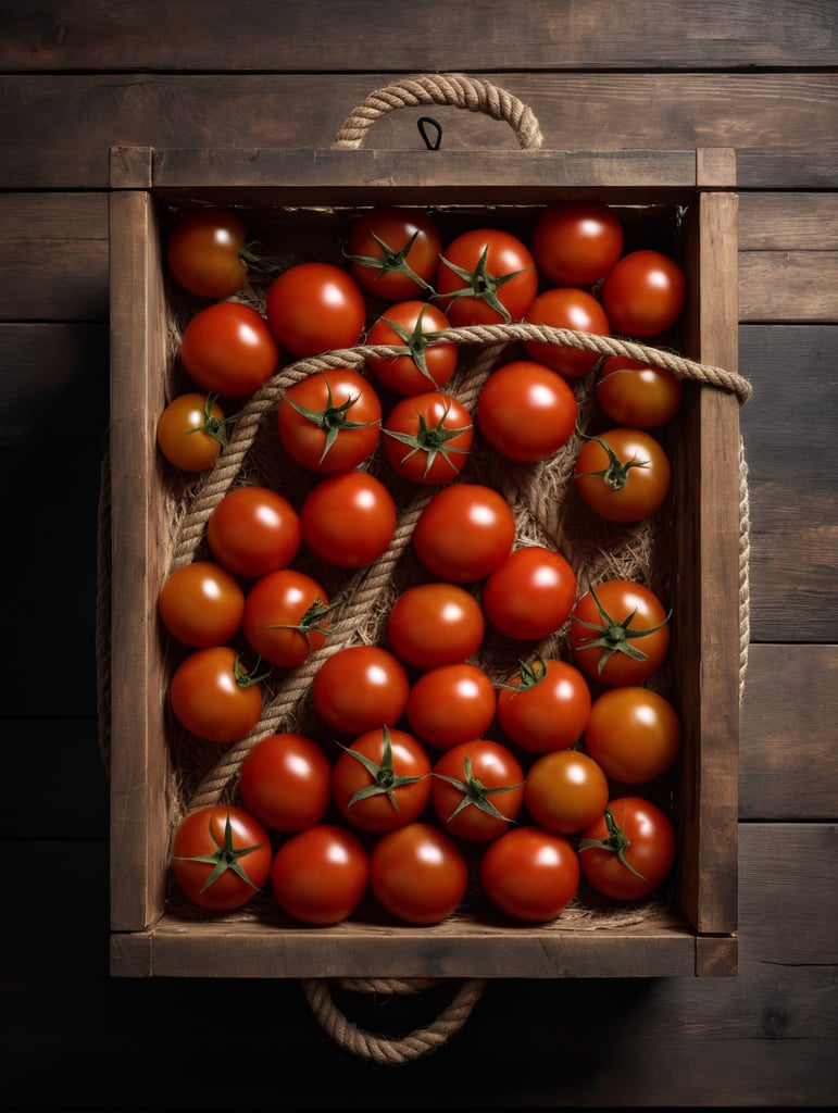 Top view. A brown wooden box filled with tomatoes, a box with thick rope handles, lies on a wooden table, studio lighting, the tomato have high-quality peel, Photo from above, top view, highly detailed photo, high quality photo, studio photo
