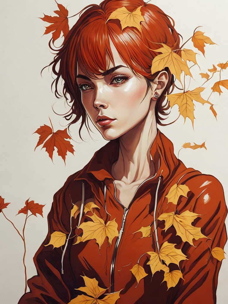 A beautiful full-height girl in an autumn attire. Around her, yellow fallen leaves are swirling, with plenty of sunlight. In the background, there are ripe red apples. Around her, flowers are in full bloom, it's morning. The girl is looking at her reflection in the lake.