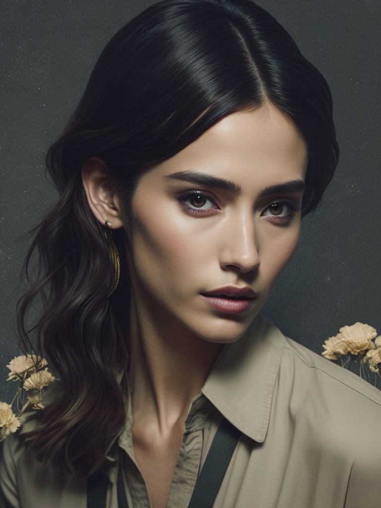 eiza gonzález portrait by ikenaga yasunari and ayana otake and ko rakusui, 60s poster, drawing, realistic, sharp focus, japanese, dreamy, nostalgia, faded, golden hues, floral clothes