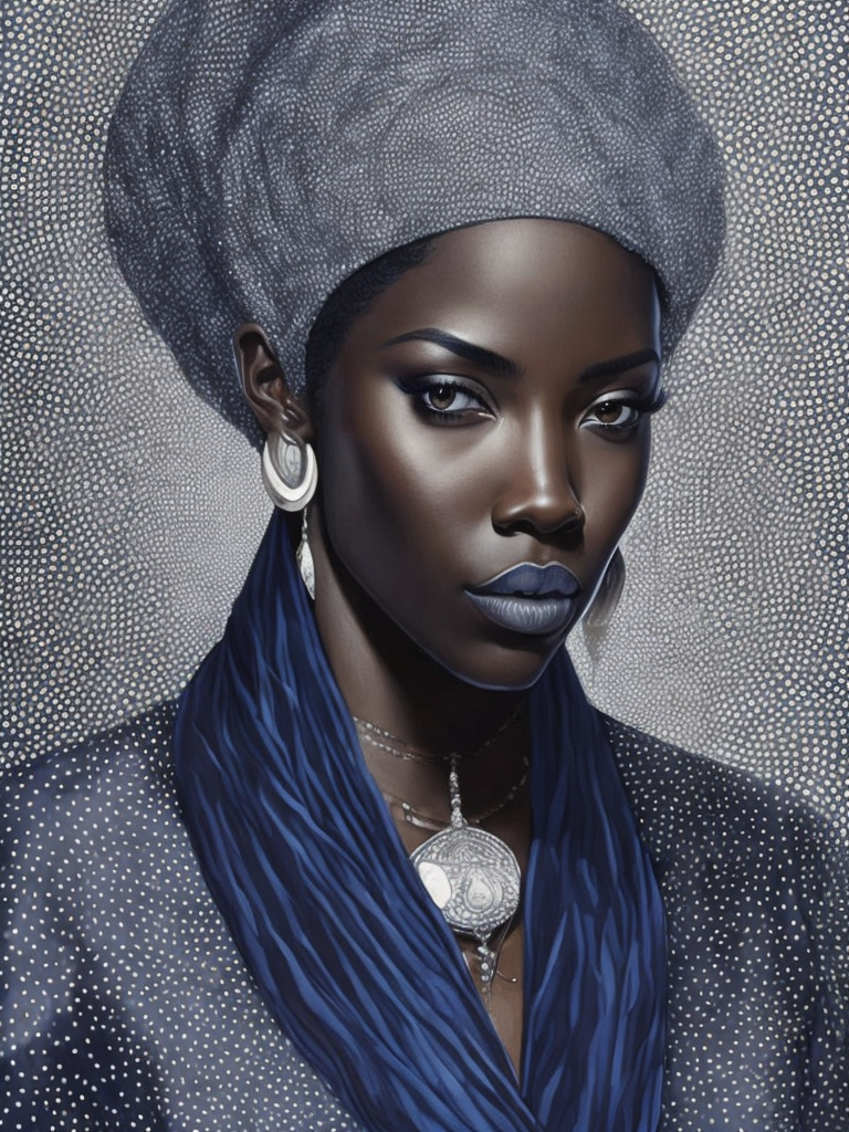 a ed woman in blue and silver looks like she has some white on, in the style of nene thomas, enoch bolles, dark silver and brown, pointillist optical illusions, african influence, hyper-realistic water,