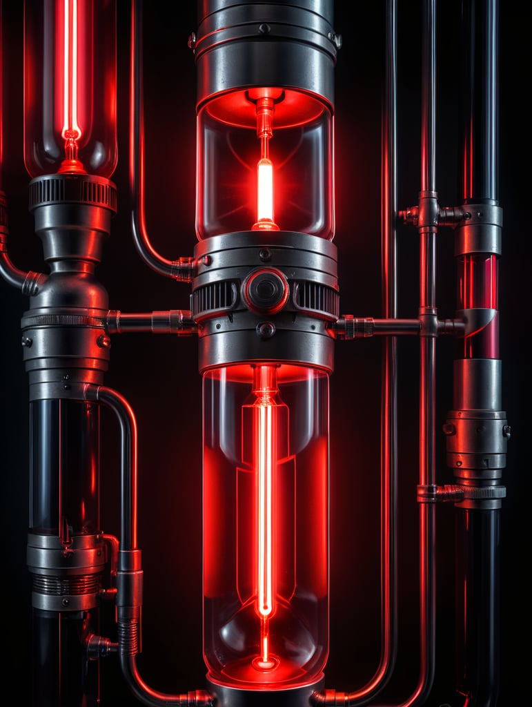 Close-up photo of a neon tube glowing with a bright red light, isolated, black background