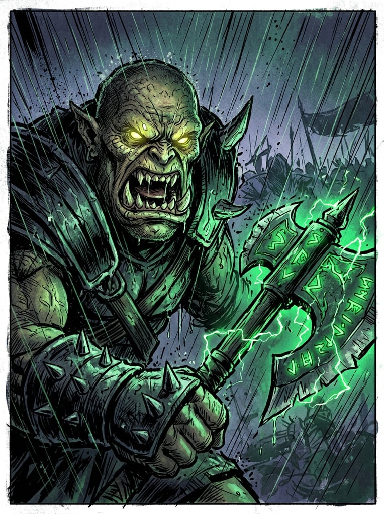 Close-up comic illustration of an enraged Orc in heavy rain. The scaly warrior with glowing yellow eyes snarls fiercely. A spiked metal gauntlet grips a runic battle-axe emitting crackling green energy, illuminating the cross-hatched scene in deep emerald shadows.