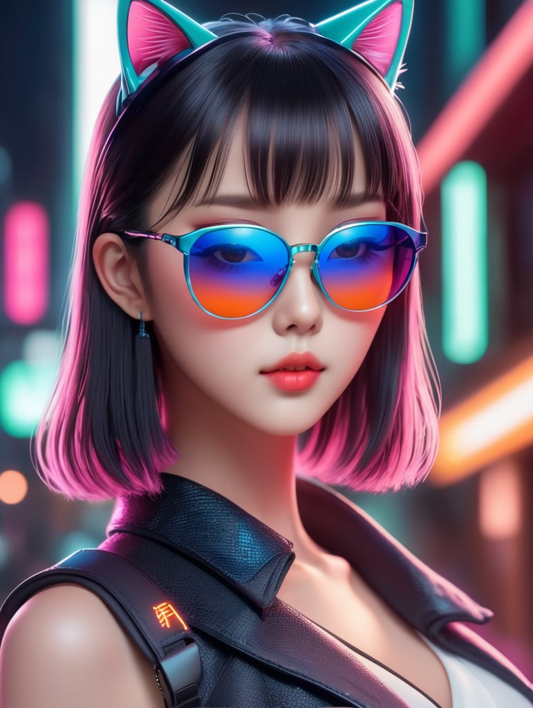 Premium AI Image, modern anime character of Chinese girl AI generated, neon, sunglasses, small cat, lizard