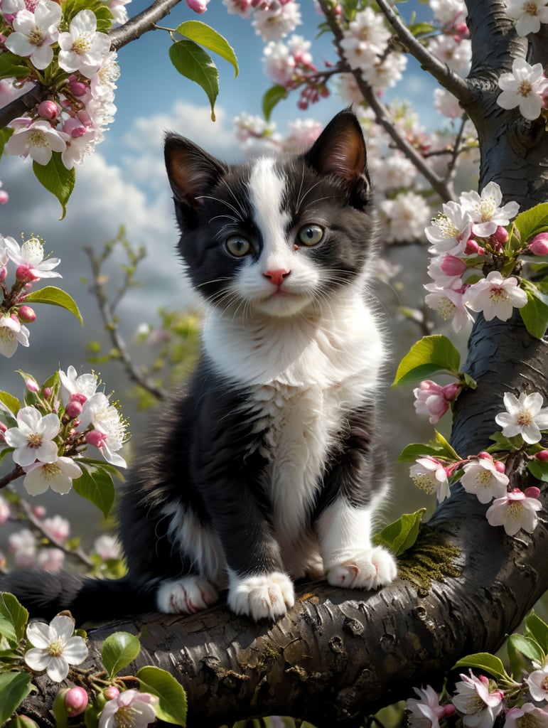 small black and white kitten sitting in an apple tree surrounded by apple blossom
