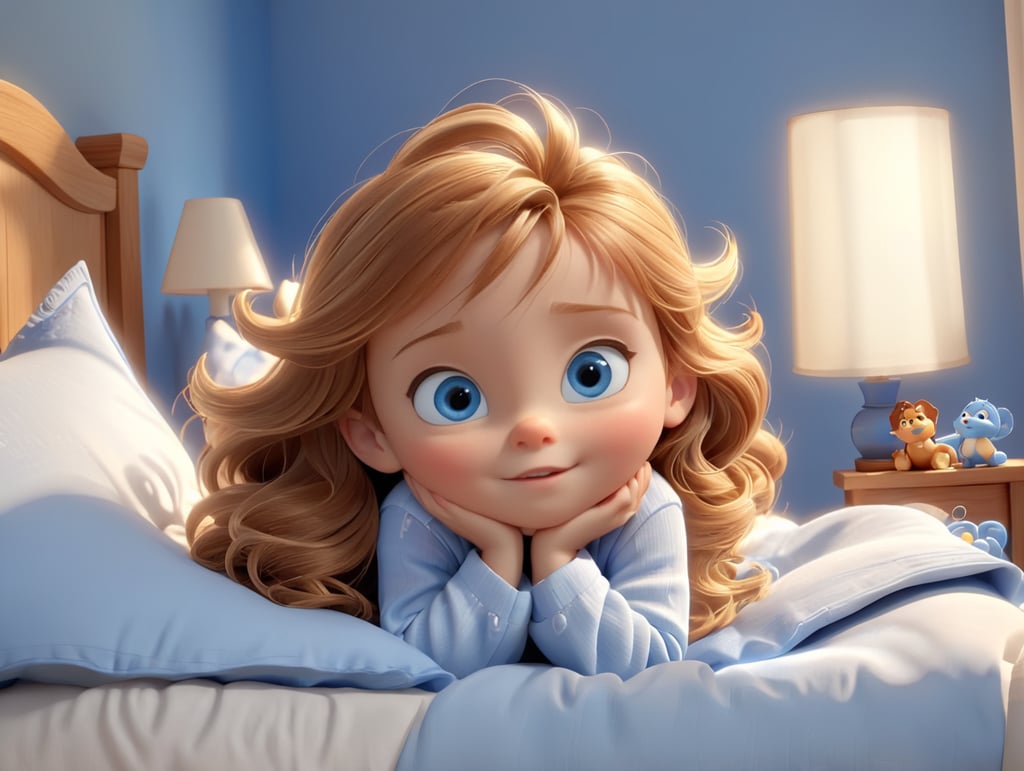 Light brown haired, blue eyed little girl waking up in bed