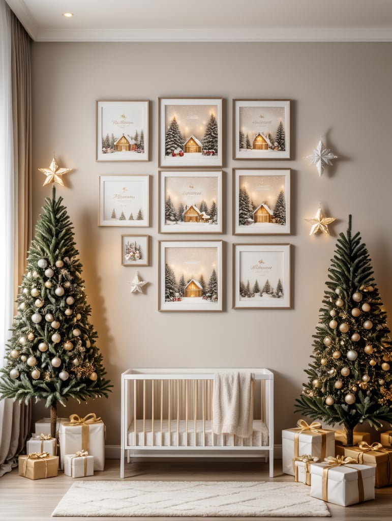 vertical frame wall mockup, nursery with christmas decorations, neutral colors and christmas lights