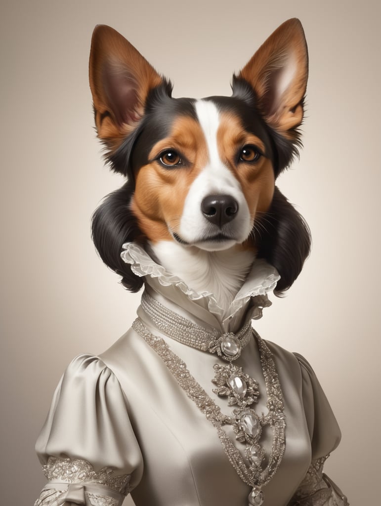 Generate an image of a female anthropomorphic dog exuding charm and allure, dressed elegantly in women's clothing that embodies the essence of the female. Ensure the portrayal captures elements of sophistication, and magnetism, evoking a strong emotional connection with the audience.