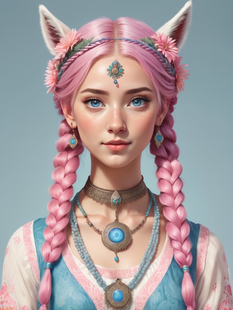 In RPG character drawing style. Young human woman with clearly visible llama ears holding aloft on her head. She has blue eyes. Pink hair styled in two braids. She wears an old medallion around her neck where a flower is represented. Her head is topped with a simple flower crown. She is wearing a long, light bohemian style dress with a floral pattern.