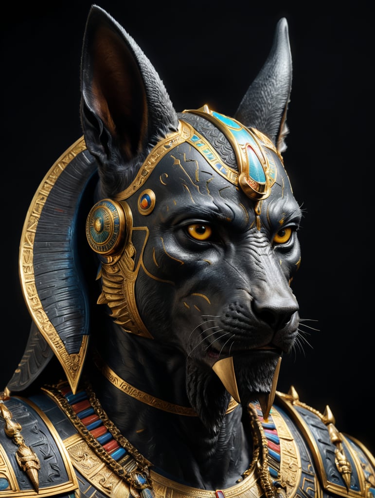 Egyptian god Anubis, portrait, hyper-realistic, dark style, focus on face, sharp on details, black background