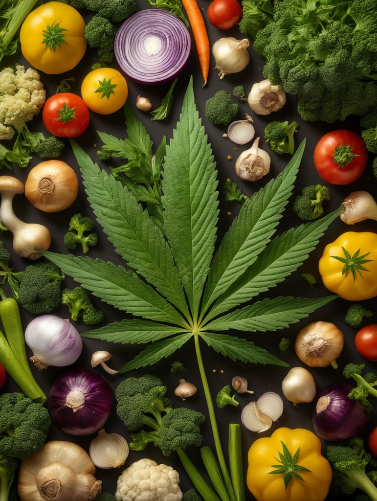 Photorealistic cannabis leaf surrounded by vegetables including garlic, mushrooms, and onions on an all over vivd yellow background