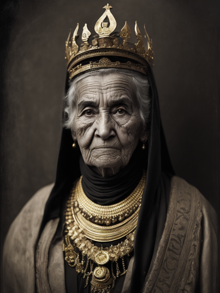 vintage Daguerreotype photo, black and white, ultra-detailed 100 years old woman with arabic hibab, black cloak and gold crown in the ottoman throne kingdom, ethnic jewelry, narow depth of field, detailed wrinkled face, apocalyptic environment, natural body posture, captured with antique big format camera, 64k, ultra-detailed, ultra-accurate detailed, scratched