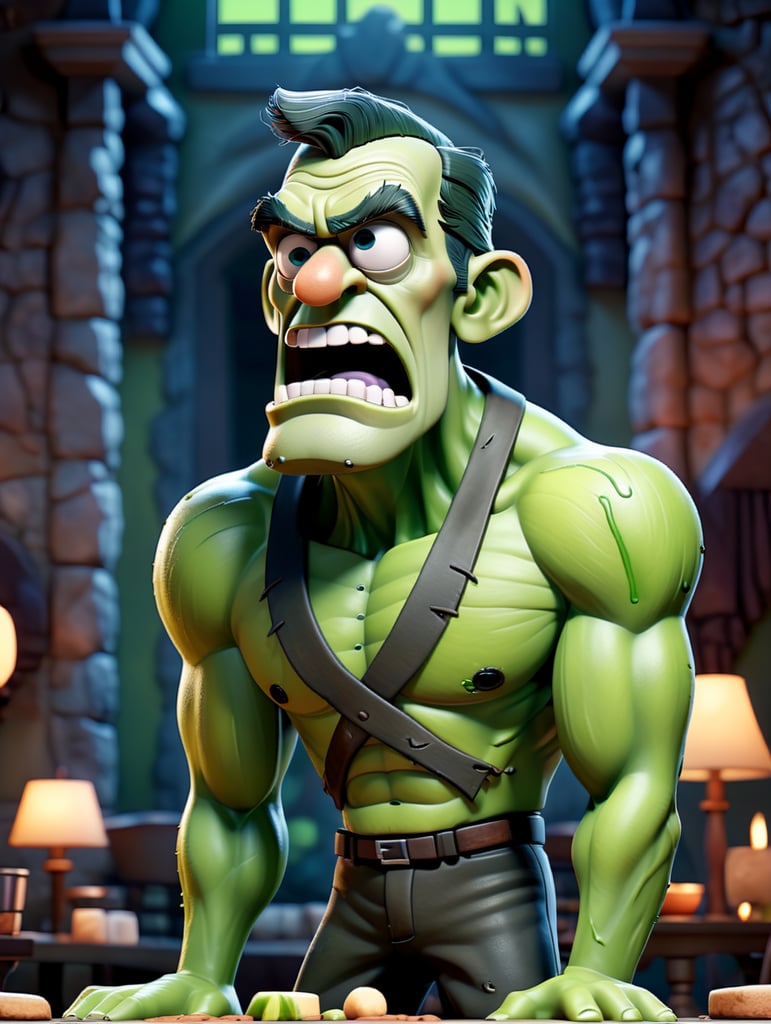 cartoon full body image of Boris Karloff as Frankenstein's Monster, Green Skin, muted color palette, atmospheric, creepy, intricate detail, reanimated corpse, scar tissue, decomposing, starring eyes, welcoming, bolts sticking out of sides of neck, gangrene, veins, mutilated, stitches across forehead, grilling food in a restaurant