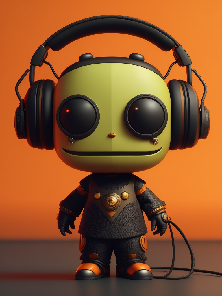 game character monster, a cute monster character with headphone, orange color, funko pop, vibrant gradient background,
