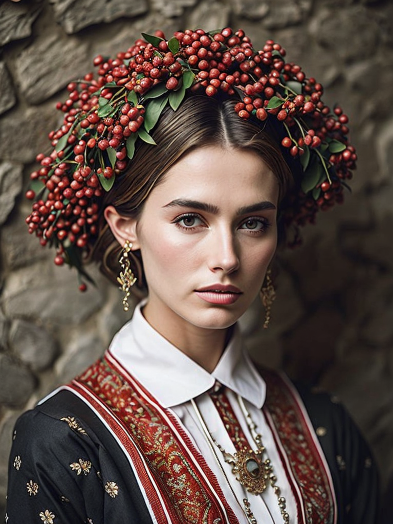 Portrait of a Beautiful women from Russian fairytale wearing traditional costume around bunches of rowan