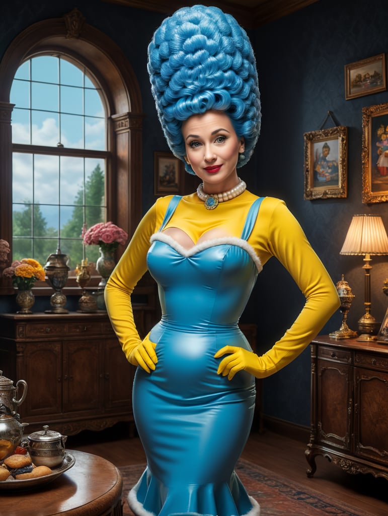 Photorealistic, Photograph of woman in a Marge Simpson costume, Simpsons TV haute couture, 1950s housewife, hirsute, magic, dream sequence, vibrant, hyper-realistic photograph, dreamlike figure, etherial figure, higher consciousness, shot with Canon EOS R5 RF 100mm F2. 8L MACRO IS USM,