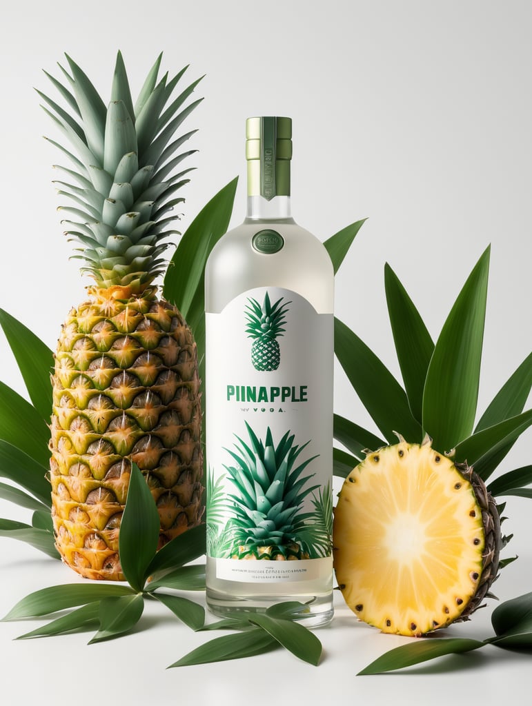 Packaging and branding for a pineapple vodka brand as if it had been designed by HI ESTUDIO with In a set design with pineapple, pineapple leaves.