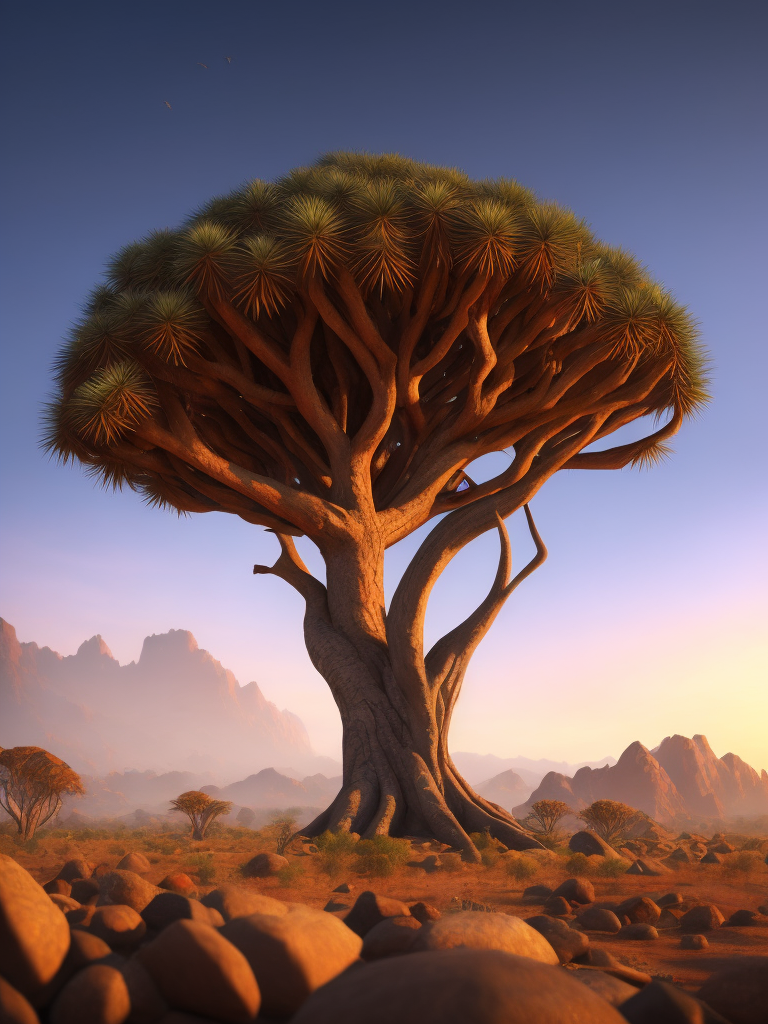 Dragon blood tree, savanna, sunset, Depth of field, Incredibly high detailed, stones, rocks, mountains on the horizon
