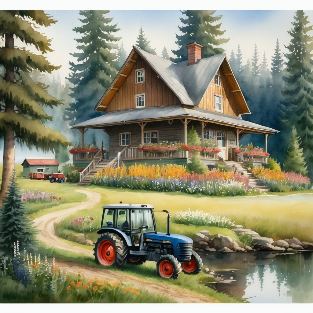 a romantic farmer's house with a porch and stairs on the edge of a tall spruce forest by the lake. Flowers around the house. In front of the house, a farmer on a tractor and a wagon full of hay., watercolor, art-station, studio photo, detailed, intricate details, author: greg rutkowski