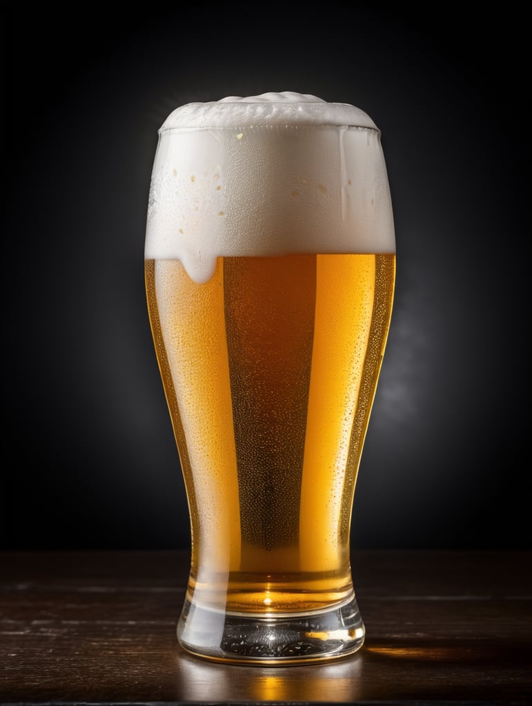 professional photo of a Pilsners beer glass, white foam on top, isolated, black background, highly detailed