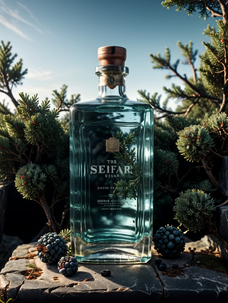 professional photography of a square gin bottle, square bottle, surrounding a juniper and juniper berries, one shot of gin in a front, no label, clear, mockup