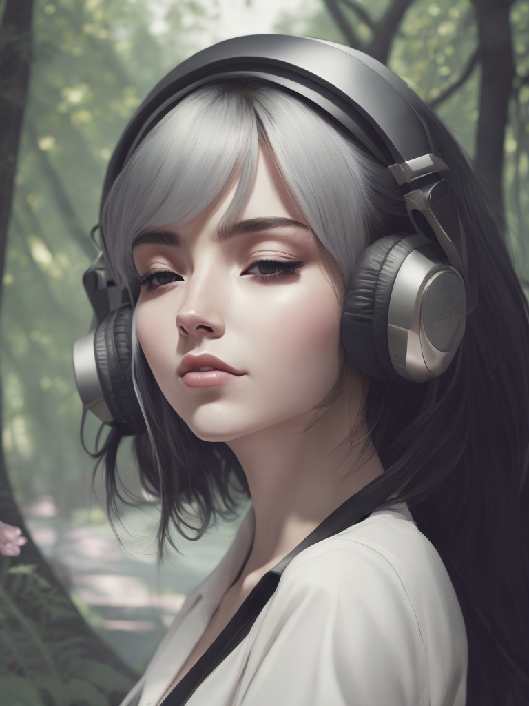 Beautiful girl listening to relaxing music with her headphones that takes her to a surreal forest, art by ilya kuvshinov and wlop, intricate, sharp focus, trending on artstation