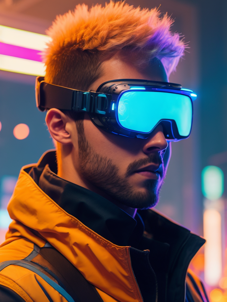 Man wearing virtual reality glasses, cyberpunk style, neon colors, bright colors, bright blue glowing glasses, sharp details, contrasting light