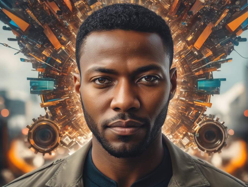 realistic illustration of a close-up portrait of an optimistic black man surrounded by vibrant outward moving abstract technological objects