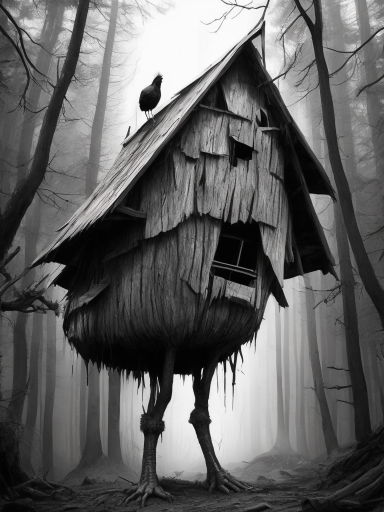giant ugly bird legs holding up a biomorphic wood shack as artwork by Tsutomu Nihei:: evil dangerous menacing heraldic Baba Yaga and her biomorphic chicken-legged hut running through a forest, pen and ink drawing by Tsutomu Nihei