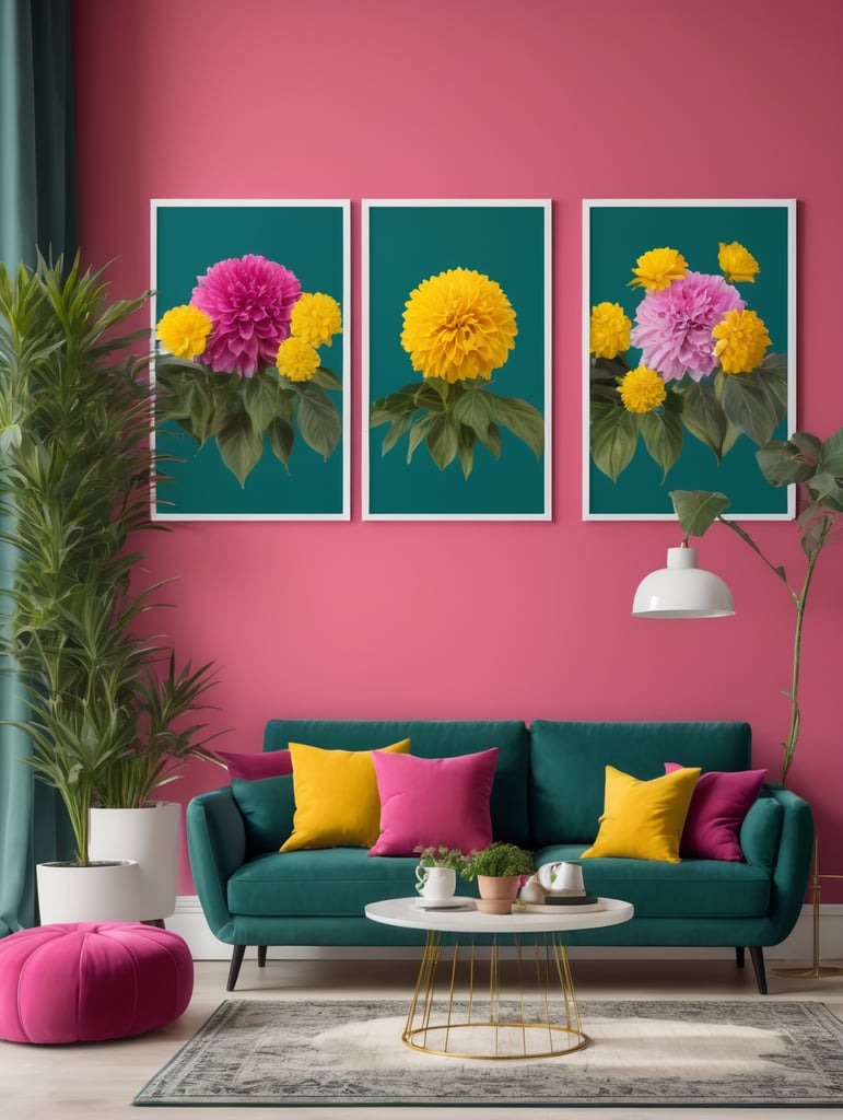 Mockup for two frames of 24x36 in. posters, hanging on a wall painted dark teal color, in a french modern country style livingroom, hot pink sofa and yellow pillows, many plants and flowers, bright livingroom