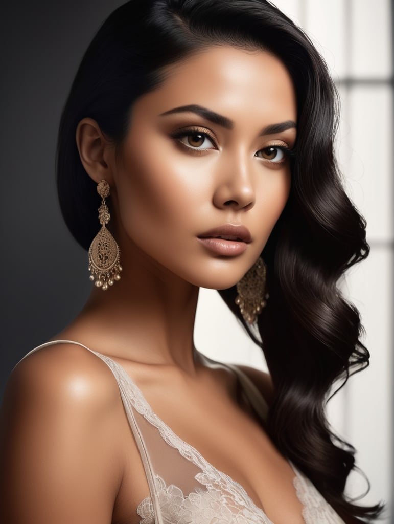 A moody, high-contrast, cinematic portrait photograph of a mysterious individual, shot in a dramatic, low-key lighting setup with deep shadows and subtle highlights, evoking a sense of intrigue and sophistication, with the subject's facial features half-hidden in darkness, their piercing eyes gazing directly into the lens, their skin tone a subtle blend of warm beige and golden undertones, dressed in translucent gossamer and lace low cut negligee, adorned with bold, statement jewelry and a sleek, modern hairstyle, set against a blurred, gradient background that transitions from darkest indigo to soft, muted gray, with a subtle film grain texture adding to the overall sense of nostalgia and classic Hollywood glamour.