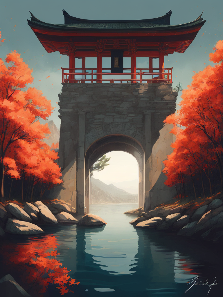 Red torii gate in middle of a lake, Dense forest on the edge of the lake, Bright and saturated colors, Japanese culture, photorealistic, contrast light