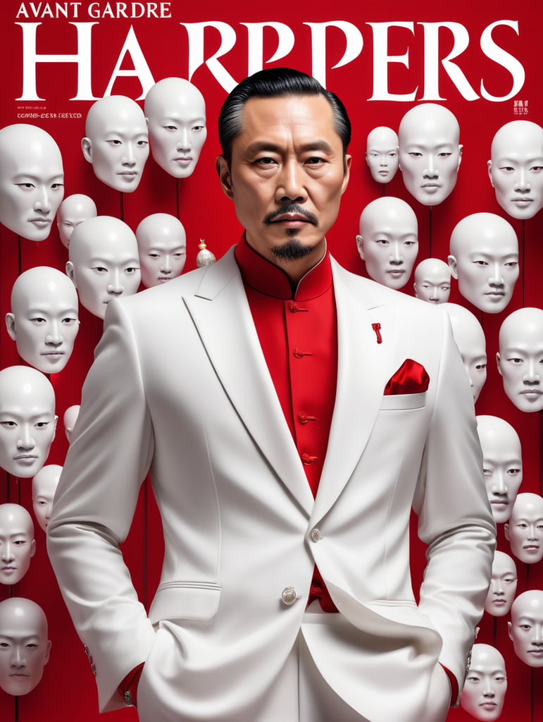 Chinese godfather, avant-garde, simplygo, photoshoot spread, dressed in all white, red background, harpers bizarre, cover, headshot, hyper realistic