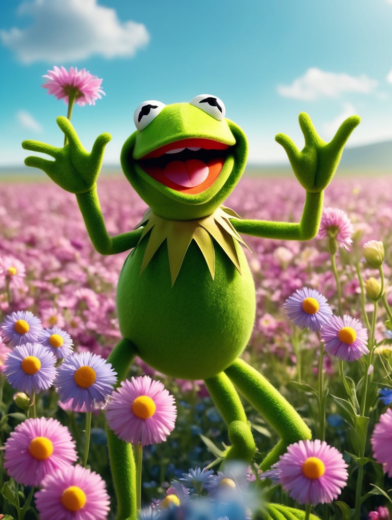 Kermit the frog, happy, light, surrounded by a blue sky on a flower field. a beautiful light theater stage cinematic lighting, Ultra 4k HD