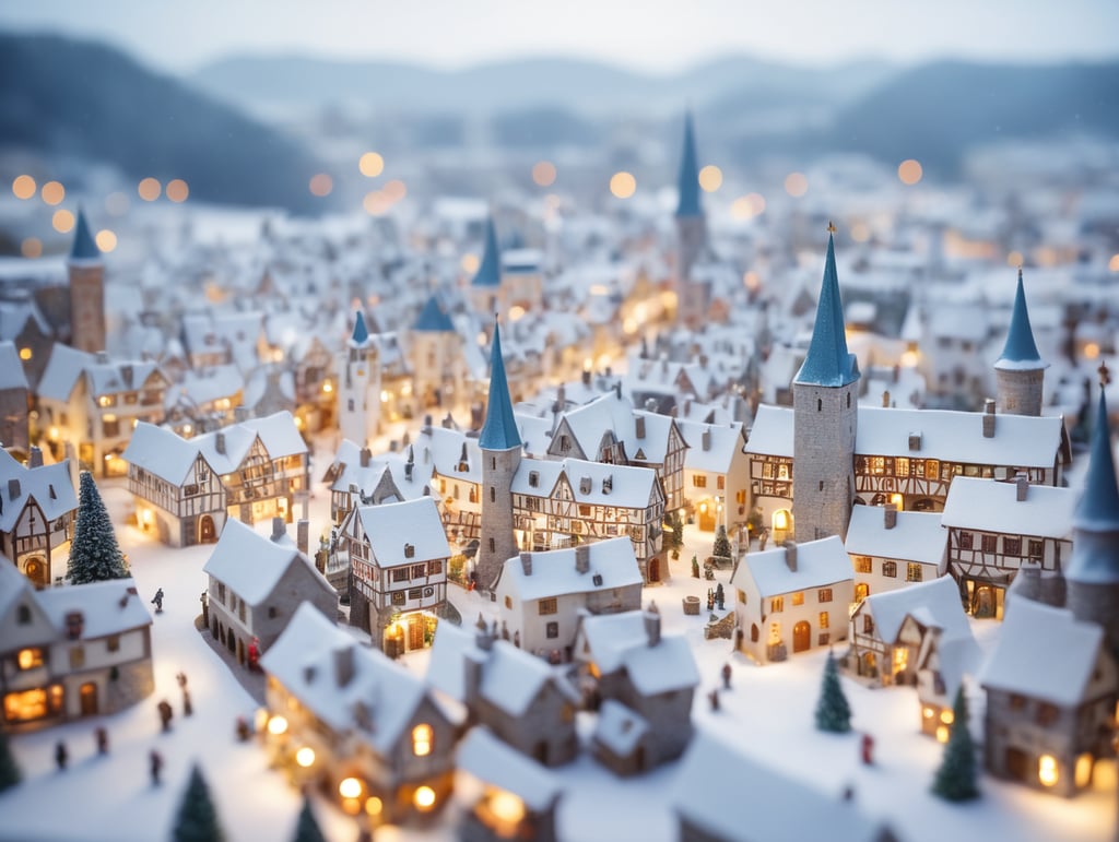 tilt shift photography of a Christmas medieval fantasy miniature city, depth of view, sunny, at night, snowy weather