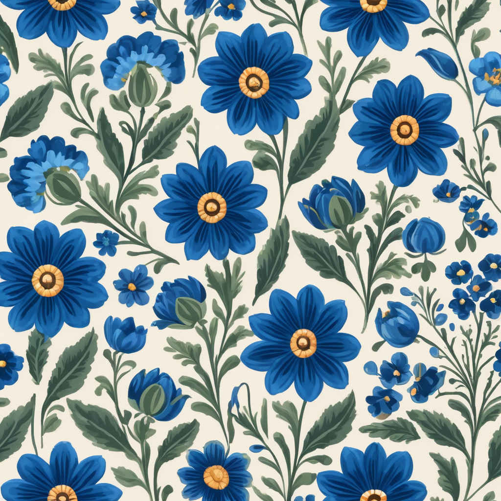 Seamless pattern beautiful floral pattern with blue flowers in the background, in the style of polish folklore motifs, juliana nan, mexican folklore - inspired, tivadar csontváry kosztka, clara peeters, texture exploration, blue color scheme, blue pallete, amoled, 264k render HD