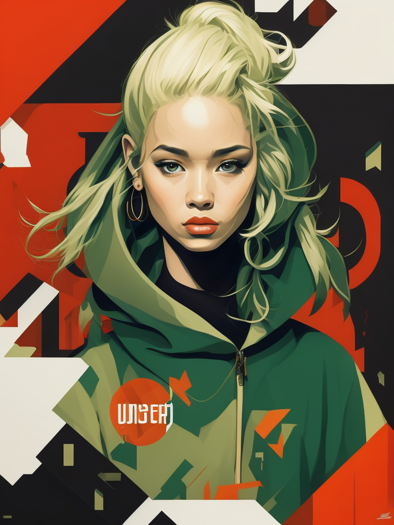 Abstract 1998 european blond hiphop girl by sachin teng x supreme, attractive, stylish, designer, green, asymmetrical, geometric shapes, graffiti, street art