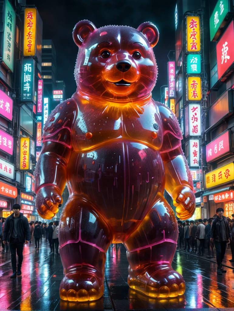 A giant Japanese gummy bear, translucent, 4 stories tall, walking through Tokyo at night, neon rainy city, cyberpunk, techno city