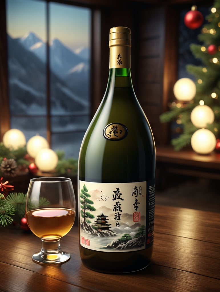 Realistic bottle of Sake, high-quality rendering, detailed label, elegant glass material, soft ambient lighting, reflective surface, christmas background, 4K resolution, ideal for online presentation