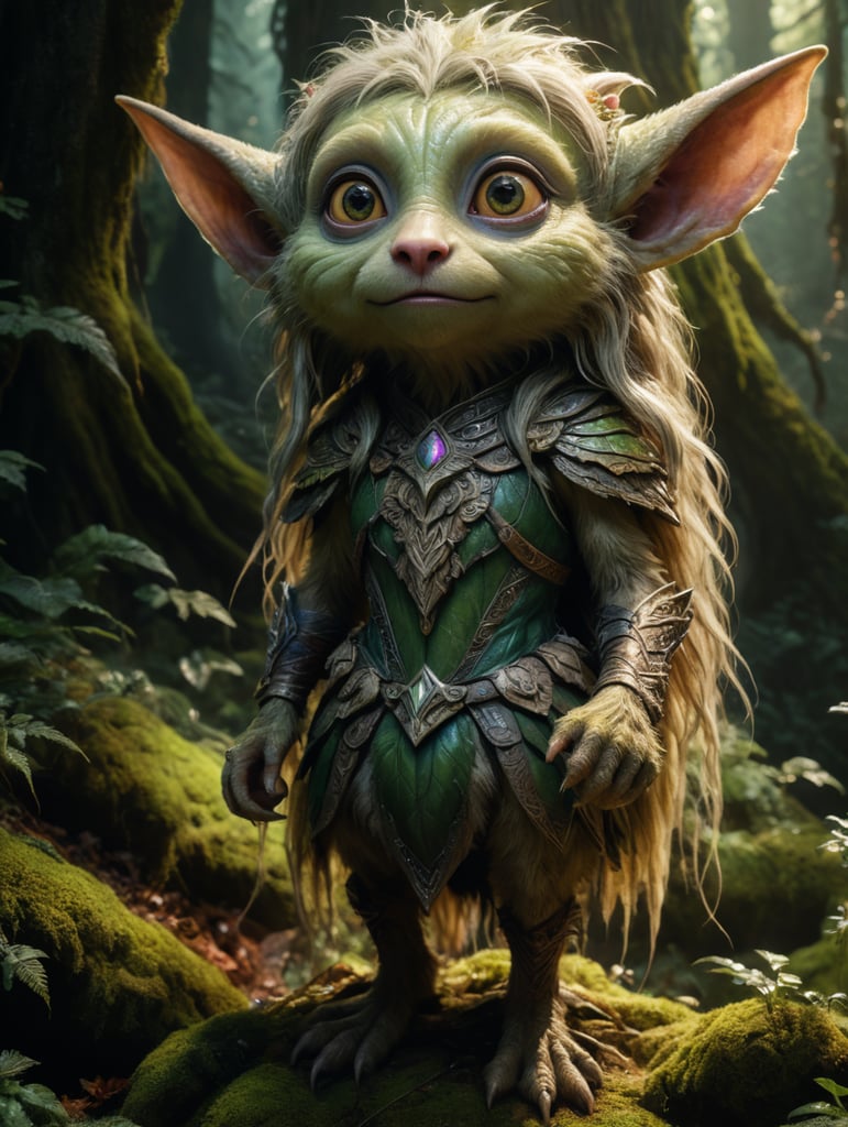 A Gelfling furry princess full body life size in forest from the Dark Crystal Hyperrealistic, splash art, concept art, mid shot, intricately detailed, color depth, dramatic, high definition