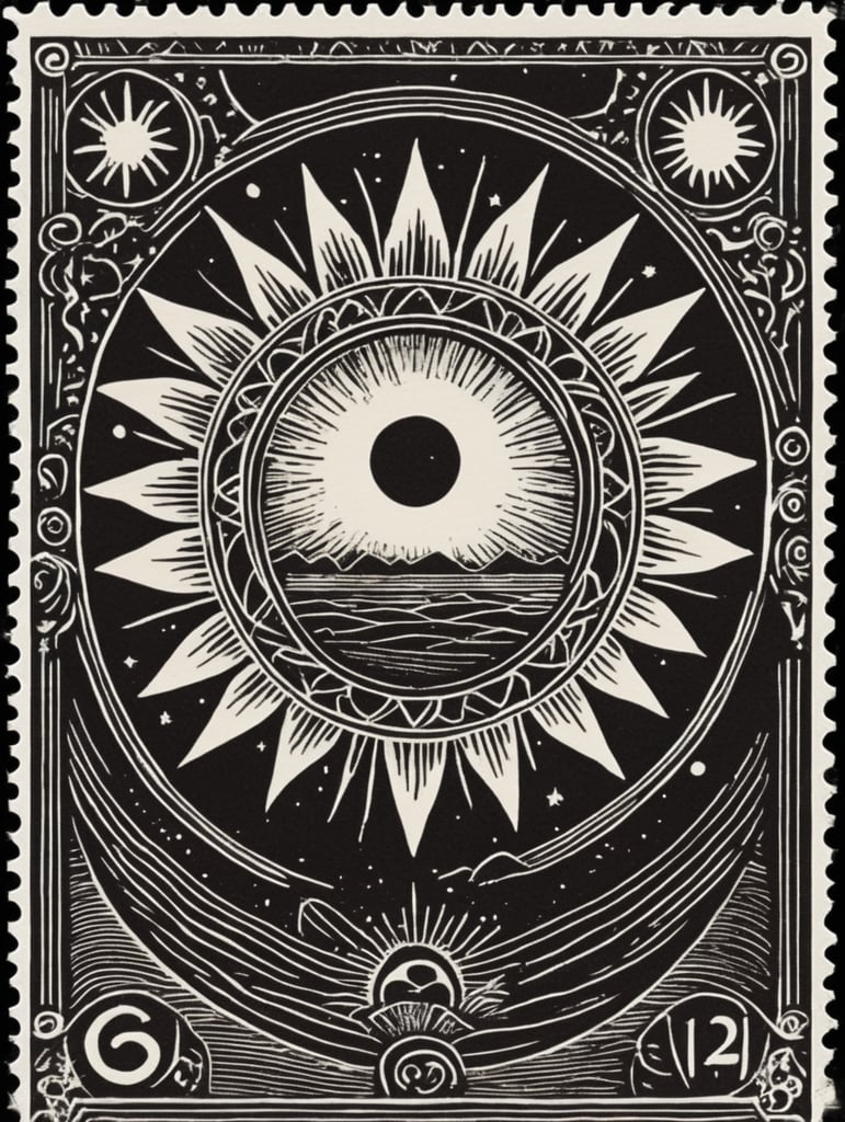 Black and white linocut postage stamp sun tarot thick bold dark lines