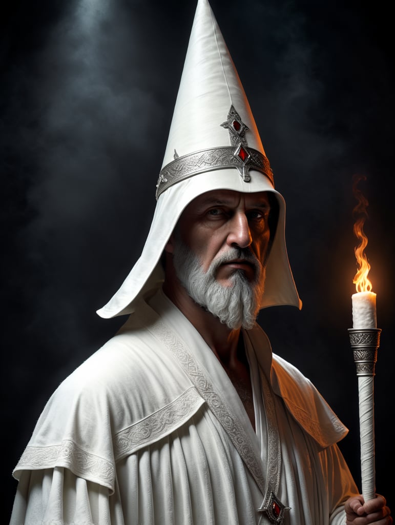 klan kkk man in blank white robe and long white cone shaped hat, medieval, fantasy