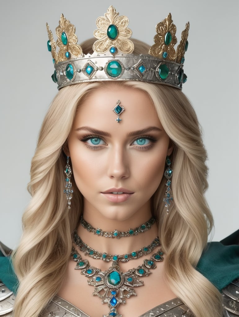 Warrior queen, blonde highlights, blue green eyes, crown, cross